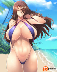 areola_slip beach bikini blue_bikini blue_swimsuit bracelet breasts brown_eyes brown_hair cameltoe collarbone curvy erect_nipples female gundam gundam_00 haganef hair_over_one_eye huge_breasts long_hair looking_at_viewer micro_bikini mound_of_venus navel o-ring ocean outdoors sling_bikini smile solo standing sumeragi_lee_noriega summer swimsuit thigh_gap wet wide_hips