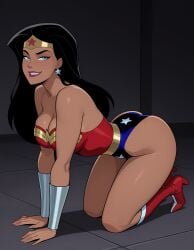 1girls ai_generated all_fours amazon ass bangs bare_arms bare_legs bare_shoulders big_ass big_breasts black_hair blue_eyes blue_leotard boots bracer breasts cleavage collarbone dc dc_comics dcau diana_prince earrings female_only female_solo footwear full_body gold_jewelry grey_background grin half-closed_eyes heroine highleg highleg_leotard indoors jewelry justice_league justice_league_unlimited legs leotard lips lipstick long_hair looking_at_viewer makeup mound_of_venus multicolored_clothing multicolored_leotard naughty_face neck parted_bangs parted_lips red_boots red_footwear red_leotard red_lipstick sghero1234 shadow silver_bracer silver_earrings silver_jewelry smile solo_female star star_(symbol) star_earrings star_print straight_hair strapless strapless_leotard superhero_costume superheroine themysciran thighs tiara two-tone_leotard wonder_woman wonder_woman_(dcau) wonder_woman_(series)