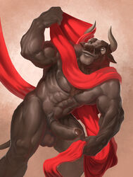 1boy 2016 abs alpha0 anthro balls big_penis bovine cape clothing erection horn male male_only mammal muscular nipples pecs penis smile solo