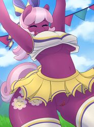 2016 anthro anthrofied armpits breasts cheerilee_(mlp) cheerleader closed_eyes cloud earth_pony equine female friendship_is_magic furry hair_ribbon hairbow highres horse long_hair mammal multicolored_hair my_little_pony navel no_panties open_mouth outside pinkcappachino pony pussy raised_arm ribbons skirt sky solo thighhighs two_tone_hair underboob upskirt