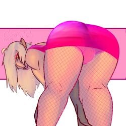 1boy artist_upload bent_over bulge_from_behind chimericthembo crossdressing crossdressing_male exposed_panties fishnets hands_on_legs lipstick long_hair looking_at_viewer looking_back panty_bulge pink_dress pink_makeup pink_panties sharp_teeth tengen_toppa_gurren_lagann viral
