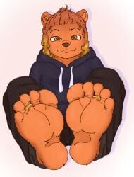 anthro bottomwear claws clothed clothing digit_ring feet foot_fetish foot_focus goldi_(the_g0lden_0ne) hoodie jewelry looking_at_viewer male mammal mustelid otter pants piercing ring shaded simple_background simple_shading sitting smug_face solo the_g0lden_0ne toe_claws toe_ring toes topwear