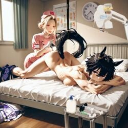 2girls age_difference ai_generated athletic_female clinic clock clothed_female clothed_female_nude_female flashlight gloves hair_bun horse_ears horse_tail horsegirl hospital_bed hospital_room indoors lean_figure medical_examination medical_instrument medical_procedure medicine messy_hair muscular_female neutral_expression nude nude_female nurse nurse_cap nurse_uniform pink_clothing school_uniform schoolgirl short_hair sideboob smile tomboy uniform