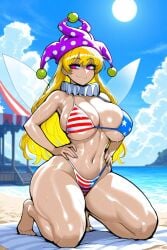 1girls ai_generated american_flag_bikini ass beach blonde_hair breasts clownpiece female full_body hands_on_hips headwear jester_cap large_ass large_breasts long_hair neck_ruff nipples pink_eyes polka_dot solo_female thick thick_thighs touhou