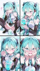 1girl ai_generated aqua_eyes aqua_hair comic comic_panel detached_sleeves drinking_pee embarrassed female female_focus female_only hatsune_miku peeing peeing_in_cup plastic_cup pout pov shy simple_background vocaloid