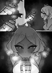1boy 1girls 4koma ahoge bare_shoulders blush breasts fellatio female greyscale gundam_suisei_no_majo large_breasts looking_at_viewer male monochrome open_mouth penis penis_in_mouth reloco saliva secelia_dote shiny_skin short_hair sweat textless textless_version
