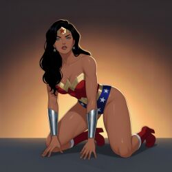 1girls ai_generated amazon arm_support bangs bare_arms bare_legs bare_shoulders big_breasts black_hair blue_eyes blue_leotard boots bracer breasts cleavage collarbone dc dc_comics dcau diana_prince earrings female_only female_solo footwear full_body gold_jewelry gradient gradient_background half-closed_eyes heroine highleg highleg_leotard jewelry justice_league justice_league_unlimited kneeling legs leotard lips lipstick long_hair looking_at_viewer makeup medium_breasts multicolored_clothing multicolored_leotard neck orange_background parted_bangs pink_lipstick red_boots red_footwear red_leotard serious sghero1234 shadow silver_bracer silver_earrings silver_jewelry solo_female star star_(symbol) star_earrings star_print straight_hair strapless strapless_leotard superhero_costume superheroine themysciran thighs tiara two-tone_leotard wonder_woman wonder_woman_(dcau) wonder_woman_(series)