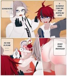 1girls 2boys alternate_version_available aotsuki_eito cowgirl_position eito_aotsuki female kirifuji_nozomi kissing kissing_while_penetrated male pyroafternite straight straight_sex sumino_takumi the_hundred_line_-last_defense_academy- vaginal_penetration vaginal_sex voyeur