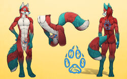 1boy anthro ass balls blue_eyes canine erection fur knot male male_only mammal penis red_fur solo tattoo tsaiwolf