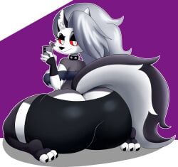 1girls anthro ass ass_bigger_than_head ass_bigger_than_torso ass_cleavage big_ass bottom_heavy breasts bubble_butt butt_crack cellphone clothing crop_top demon demon_girl fat_ass female female_only furry furry_only grey_hair hellhound helluva_boss huge_ass hyper hyper_ass kneeling large_ass looking_at_viewer looking_back loona_(helluva_boss) massive_ass mechspazer on_knees phone png red_eyes selfie solo tail thick_ass thick_thighs thunder_thighs wide_hips