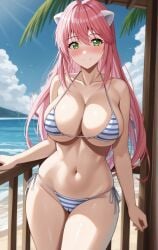 1girl ahoge ai_generated bare_arms bare_shoulders beach bikini blue_sky blush breasts cameltoe cleavage closed_mouth cloud collarbone cowboy_shot day elfen_lied female green_eyes groin hair_between_eyes halterneck horns large_breasts long_hair looking_at_viewer lucy_(elfen_lied) navel ocean outdoors palm_tree pink_hair pixiv railing rena_aikawa_(pixiv_user) side-tie_bikini_bottom sideboob sky smile solo stable_diffusion standing stomach string_bikini striped_bikini striped_clothes sunlight swimsuit thigh_gap thighs tree underboob very_long_hair water white_horns
