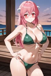 1girl ai_generated armpits bare_arms bare_shoulders bikini blush breasts cleavage closed_mouth cloud collarbone contrapposto cowboy_shot elfen_lied female green_bikini groin hair_between_eyes halterneck hands_on_own_hips horizon horns large_breasts long_hair looking_at_viewer lucy_(elfen_lied) navel ocean outdoors pink_hair pixiv railing red_eyes rena_aikawa_(pixiv_user) sideboob skindentation sky smile solo stable_diffusion standing stomach strap_gap string_bikini sunset swimsuit thighs underboob white_horns