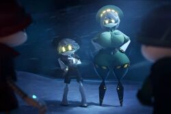 1girls 3boys 3d ai_assisted ai_generated android belt big_breasts bob_cut buttons campfire cap cg dark_background detailed_background digital_art disassembly_drones fat_ass giantess glitch_productions gloves glowing_eyes green_clothing group hands_on_hips hat heels high_heels huge_breasts hyper large_areolae leg_boots looking_at_viewer metallic_body murder_drones n_(murder_drones) night no_source outdoors pointed_feet pointing pose pov robot_girl serial_designation_n serial_designation_v shirt shorts snow snowing standing tail thick_thighs thighhighs uniform v_(murder_drones) visor wide_hips yellow_eyes