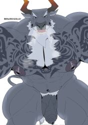 kumatorapolar dislyte lilith_games djoser_(dislyte) bovid bovine cattle mammal 2025 hi_res abs anthro areola arm_tattoo barazoku beard big_areola big_muscles big_nipples big_pecs breath chest_tattoo chest_tuft facial_hair first_person_view foreskin fur genitals gradient_horn grey_body grey_fur hair horn looking_at_viewer low-angle_view male muscular muscular_anthro muscular_male muscular_thighs navel nipples nude open_mouth orange_horn pecs penis pubes quads simple_background solo tail tattoo tuft vein veiny_penis white_background white_hair
