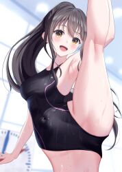 armpits bare_shoulders black_hair black_one-piece_swimsuit blush breasts brown_eyes commentary_request competition_swimsuit covered_navel female hominotsu leg_up long_hair looking_at_viewer medium_breasts one-piece_swimsuit open_mouth original ponytail smile solo split standing standing_on_one_leg standing_split swimsuit teeth upper_teeth_only water wet wet_clothes wet_swimsuit
