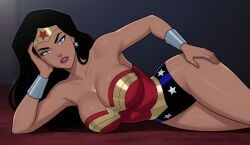 1girls ai_generated amazon armpits bangs bare_arms bare_legs bare_shoulders big_breasts black_hair blue_eyes blue_leotard bracer breast_press breasts cleavage collarbone crossed_legs dc dc_comics dcau diana_prince earrings female_only female_solo gold_jewelry half-closed_eyes hand_on_hip heroine highleg highleg_leotard jewelry justice_league justice_league_unlimited legs leotard lips lipstick long_hair looking_at_viewer lying lying_on_side makeup multicolored_clothing multicolored_leotard neck on_side parted_bangs parted_lips red_leotard red_lipstick serious sghero1234 shadow silver_bracer silver_earrings silver_jewelry solo_female star star_(symbol) star_earrings star_print straight_hair strapless strapless_leotard superhero_costume superheroine themysciran thighs tiara two-tone_leotard wonder_woman wonder_woman_(dcau) wonder_woman_(series)