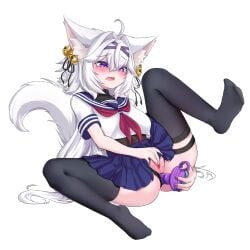 1girls absurdres ahoge anal anal_object_insertion animal_ears anus ascot bell black_thighhighs blue_sailor_collar blush breasts cat_ears cat_girl cat_tail clothing_aside commentary dildo english_commentary facing_viewer feet female female_masturbation filian_(vtuber) fingering full_body hair_bell hair_ornament highres indie_virtual_youtuber long_hair masturbation medium_breasts object_insertion oerba_yun_fang open_mouth panties panties_aside purple_eyes pussy pussy_juice red_ascot ritspi sailor_collar school_uniform serafuku sex_toy shirt simple_background sitting skirt solo tail thigh_strap thighhighs thighs uncensored underwear virgin virgin_doing_anal virtual_youtuber vtuber white_background white_hair white_shirt
