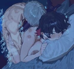 1boy1girl 1girls bite bite_mark bite_marks biting_pillow ellen_joe female female_focus hintobento lying lying_on_bed markings sharp_claws sharp_teeth snot wise_(zenless_zone_zero) zenless_zone_zero