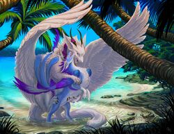 2016 acidapluvia beach blue_feathers closed_eyes cum cum_inside dragon feathers female feral feral_on_feral from_behind_position horn male outside penetration purple_feathers seaside sex tropical water white_feathers