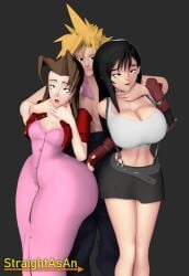 1boy 2girls 2girls1boy 3d 3d_render aerith_gainsborough asphyxiation blender blender_eevee choking clothed cloud_strife final_fantasy final_fantasy_vii fully_clothed huge_ass huge_breasts retweet_challenge shirtless_male square_enix straightasan tagme thick_thighs tifa_lockhart tifa_lockhart_90's_(style) voluptuous