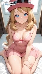 1girls 2026 ai_assisted ai_generated anime artist_name barefoot bed blue_eyes breasts bust explicit hat hi_res high_quality high_resolution highres indoors long_hair nintendo on_bed patreon patreon_username pokemon pokemon_xy serena_(pokemon) serena_(pokemon_games) sitting skypassion smile stable_diffusion watermark