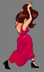 1girls 2026 big_ass brunette_hair commissioner_upload draw_this_in_your_style dress earrings exposed_back form_fitting funnyhoohooman highres hourglass_figure pauline provocative