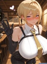 1girls absurd_res absurdres ai_generated alternate_breast_size black_gloves black_pants blonde_hair blurry_background blush breasts_bigger_than_head cafe collared_shirt comfyui depth_of_field earrings elbow_gloves evelyn_chevalier evening female female_focus female_only french_braid gigantic_breasts hair_between_eyes hair_bun hair_intakes heart high-waist_pants highres hoyoverse huge_breasts indoors jewelry lips looking_at_viewer massive_breasts mihoyo mole_under_eye purple_eyes short_hair shy sleeveless_shirt solo solo_female solo_focus stable_diffusion thigh_strap video_games waving white_shirt xenomon yellow_necktie zenless_zone_zero