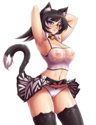 :3 :d ^_^ absurdres animal_ears armpits arms_behind_head arms_up bell bell_choker black_hair black_legwear blue_eyes bow bow_panties breasts cameltoe cat_band_legwear cat_ears cat_girl cat_lingerie cat_tail choker cleavage closed_eyes colored_eyelashes covered_nipples cowboy_shot crop_top eyebrows eyebrows_visible_through_hair female heterochromia highres hips kat_(mazume) large_breasts looking_at_viewer mazume miniskirt multicolored_hair navel nipples open_mouth orange_eyes original panties pantyshot pantyshot_(standing) pin pussy_juice see-through shiny shiny_skin shirt short_hair skindentation skirt skirt_lift smile solo standing tail taut_shirt thighhighs tight_clothes two_tone_hair underwear waist wet wet_clothes white_background white_hair white_panties white_skirt yellow_eyes zettai_ryouiki