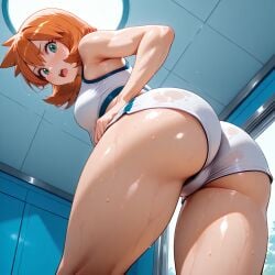 :o ai_generated ass ass_focus asymmetrical_hair bangs bare_arms bare_shoulders blush bodily_fluids bra breasts ceiling clothing dolphin_shorts dripping eyebrows female female_only from_behind green_eyes huge_ass indoors kasumi_(pokemon) large_ass leaning_forward looking_at_viewer looking_back looking_down medium_breasts medium_hair misty_(pokemon_hgss) open_mouth orange_hair pokemon ponytail shiny_skin short_hair short_shorts shorts side_ponytail smile solo sports_bra sportswear standing sweat sweaty_clothes teeth thick_ass thighs tied_hair tile_wall tiles underbutt underwear upper_teeth upper_teeth_only v-shaped_eyebrows wet wet_clothes white_bra white_shorts white_sports_bra white_underwear window