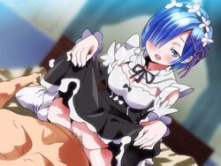 1boy blue_eyes blue_hair blunt_bangs blush breasts clothed_female_nude_male cowgirl_position detached_sleeves female frills hair_over_one_eye hair_ribbon maid maid_apron maid_headdress medium_breasts mosaiq_(lovechild) open_mouth re:zero_kara_hajimeru_isekai_seikatsu rem_(re:zero) sex short_hair skirt_lift thighhighs x_hair_ornament