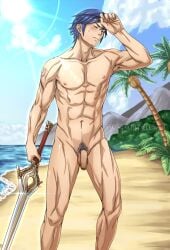 1boy amazingartistyellow artist_name balls beach blue_hair blush chrom_(fire_emblem) embarrassed embarrassed_nude_male fire_emblem fire_emblem_awakening indecent_exposure looking_away male male_only naked naked_male nintendo nude nude_male penis pubes pubic_hair public public_exposure public_indecency public_nudity shy