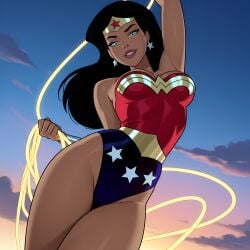 1girls ai_generated amazon arm_behind_back arm_up armpits bangs bare_arms bare_legs bare_shoulders big_breasts black_hair blue_eyes blue_leotard bracer breasts cleavage cloud contrapposto crossed_legs dancing day dc dc_comics dcau diana_prince earrings female_only female_solo from_below gold_jewelry grin half-closed_eyes hand_up head_tilt heroine highleg highleg_leotard holding holding_object holding_rope jewelry justice_league justice_league_unlimited lasso_of_truth legs leotard lips lipstick long_hair looking_at_viewer looking_down makeup mound_of_venus multicolored_clothing multicolored_leotard naughty_face neck outdoors parted_bangs parted_lips red_leotard red_lipstick sghero1234 silver_bracer silver_earrings silver_jewelry sky smile solo_female standing star star_(symbol) star_earrings star_print straight_hair strapless strapless_leotard superhero_costume superheroine themysciran thick_thighs thighs tiara two-tone_leotard wonder_woman wonder_woman_(dcau) wonder_woman_(series)