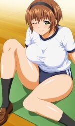 1girls accurate_art_style ai_generated alternate_costume arms_at_sides bare_thighs bloomers blush buruma busty embarrassed facing_viewer female female_focus female_only front_view green_eyes gym_clothes gym_uniform hair_ornament hairband high_resolution huge_breasts loafers looking_at_viewer mizushima_kaho one_eye_closed open_mouth oppai orange_hair pinup pixie_cut rin_x_sen rin_x_sen_+_ran_-_sem_cross_mix shirt shirt_tucked_in shoes short_hair shy sitting skimpy skimpy_clothes socks solo teen teenage_girl teenager voluptuous wide_hips wink wooden_floor