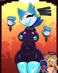 1boy 2d 2girls anthro armor belt_collar big_breasts blonde_hair blue_hair blue_nipples blue_thighhighs breasts brown_fur cat_ears chains collar cute_face cute_fang deer_girl deltarune earrings eyes_covered female furry gift_wrapped hand_on_shoulder handcuffs horn kris_(deltarune) long_hair male monster_girl naked nervous_smile nipple_slip noelle_holiday red_nose shocked short_hair tasque_manager_(deltarune) teeth text thick_thighs