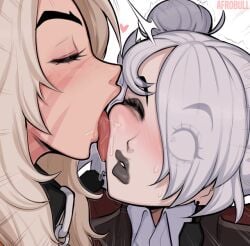 2girls afrobull black_lipstick blush deadlock graves_(deadlock) licking licking_cheek licking_face silver_(deadlock) source_request tagme tongue tongue_out yuri