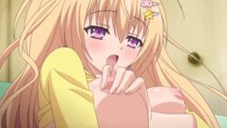 animated baka_na_imouto_o_rikou_ni_suru_no_wa_ore_no_xx_dake_na_ken_ni_tsuite blonde_hair blush breast_grab breasts collaboration_works female hair_ornament large_breasts masturbation mitsui_hana moaning nipple_tweak nipples purple_eyes screencap self_fondle solo