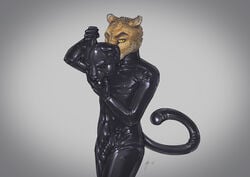 1boy 2016 anthro black_fur bondage_mask bulge cheetah deusexmoose feline fur hi_res humanoid_penis male male_only mammal penis penis_outline rubber shiny simple_background solo spots white_fur yellow_eyes yellow_fur