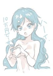 areolae blue_eyes blue_hair breasts earrings female hair_ornament heart heart_hands houshou_hanon looking_at_viewer mermaid_melody_pichi_pichi_pitch nipples nude open_mouth pale_color simple_background solo text translation_request upper_body wavy_hair white_background wntame