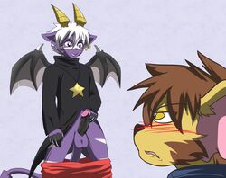 balls blush brown_hair buwaro_elexion clothing coat demon erection fur furry hair horn jakkai pants pendant penis purple_fur rhea_snaketail slightly_damned wings yellow_eyes