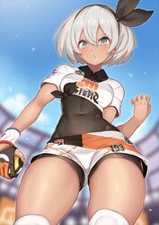 1girls abs bea_(pokemon) belly bodysuit bodysuit_under_clothes clothed crop_top dark_skin eye_contact glove knee_pads looking_at_viewer looking_down nidy nintendo pokemon pokemon_ss pose short_hair short_shorts small_breasts solo thick_thighs thigh_gap thighs undershirt white_hair wide_hips