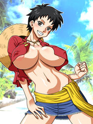 1girls areola big_breasts bimbo blush breasts busty chest_scar cleavage erect_nipples female female_only garou_damenade genderswap hourglass_figure luffyko monkey_d_luffy nipple_bulge nipples one_piece rule_63 solo straw_hat underboob voluptuous