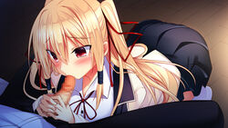 1boy artist_request blonde_hair blush censored character_request fellatio female game_cg kneeling mosaic_censoring penis pleated_skirt red_eyes skirt source_request