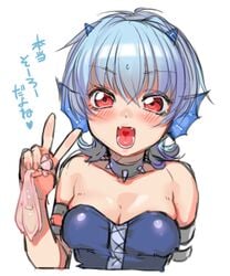 belt blue_hair blush choker cleavage clothing condom cum fangs female head_fins heart horns looking_at_viewer mermaid_melody_pichi_pichi_pitch mimi_(mermaid_melody) open_mouth red_eyes short_hair simple_background smile solo text translation_request tsurime upper_body used_condom v white_background wntame