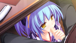 1boy black_pants blue_hair blush censored collarbone fellatio female game_cg hiiragi_tsukino maikaze_no_melt oral pants penis short_hair under_the_table whirlpool yellow_eyes yellow_ribbon