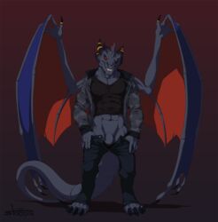 1boy anthro balls clothing dragon male male_only muscular penis smile smirk solo stoopix undressing valrog