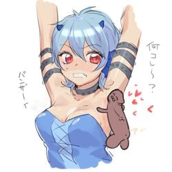 armpits arms_up belt blue_hair breasts choker cleavage clenched_teeth clothing collarbone female head_fins heart horns male mermaid_melody_pichi_pichi_pitch mimi_(mermaid_melody) monophallia partially_translated penis penis_body penis_creature penis_head penis_with_face red_eyes short_hair simple_background sleeveless sleeveless_shirt sweatdrop translation_request upper_body white_background wntame