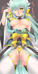 1girls bikini breasts cream erect_nipples fate/grand_order fate_(series) female female_only kiyohime_(fate/grand_order) large_breasts open_clothes open_shirt panty_pull partially_visible_vulva pussy shiodome_oji shirt solo swimsuit thighhighs