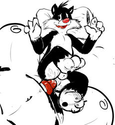 anal anal_sex anthro ass balls big_nose canine cum cum_inside duo fangs feline fur knot knox_(artist) looney_tunes male mammal open_mouth paws penetration penis sex simple_background size_difference sketch smooth_fur sylvester tongue toony warner_brothers whiskers yaoi