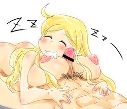 blonde_hair blush breasts censored copyright_request female large_breasts long_hair paizuri penis saliva sleeping smile solo_focus tezunuri