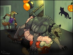 2014 anthro balloon black_hair blonde_hair breasts brutal canine clothing death female fox gore hair horrified inside lying male mammal nightmare_fuel on_back open_mouth short_tail slugbones slugbones stairs teeth what